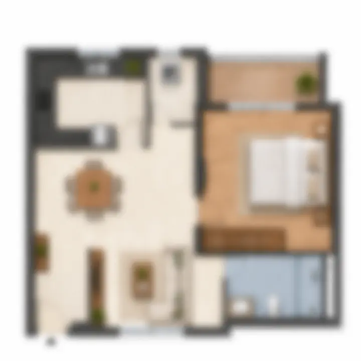 Layout of a 650 sq ft one-bedroom apartment at Prestige Highland Hideaway with open living-dining area, bedroom, and bathroom