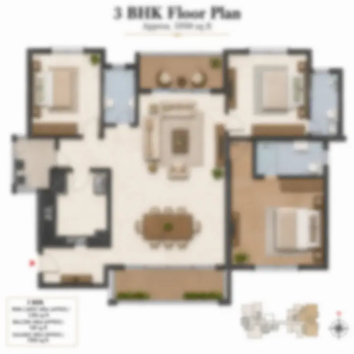 Layout of a 1,950 sq ft three-bedroom apartment at Prestige Highland Hideaway highlighting three spacious bedrooms, large living area and balconies