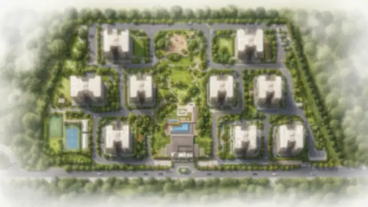 Illustrative masterplan of Prestige Highland Hideaway showing arrangement of towers, central park, and amenity zones
